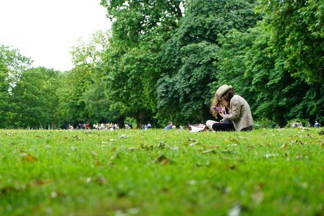 People sitting on the grass in a park.